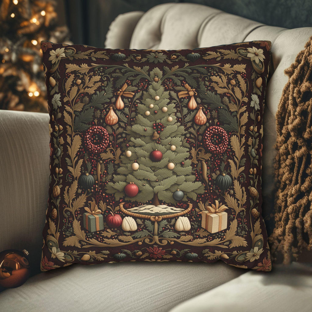 William Morris Christmas Tree Pillow Cover: Burgundy Holiday Tapestry Look