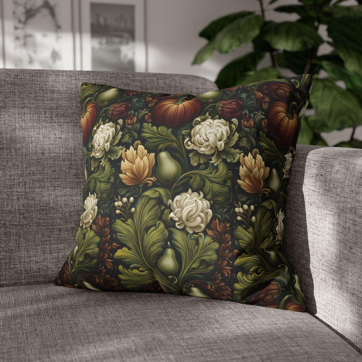 William Morris Inspired Fall Pillow Cover: Pumpkins, Pears, and Ivory Florals on Charcoal