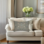 William Morris Inspired Botanical Lumbar Pillow: Soft Gray-Sage, Taupe, Blush Accent