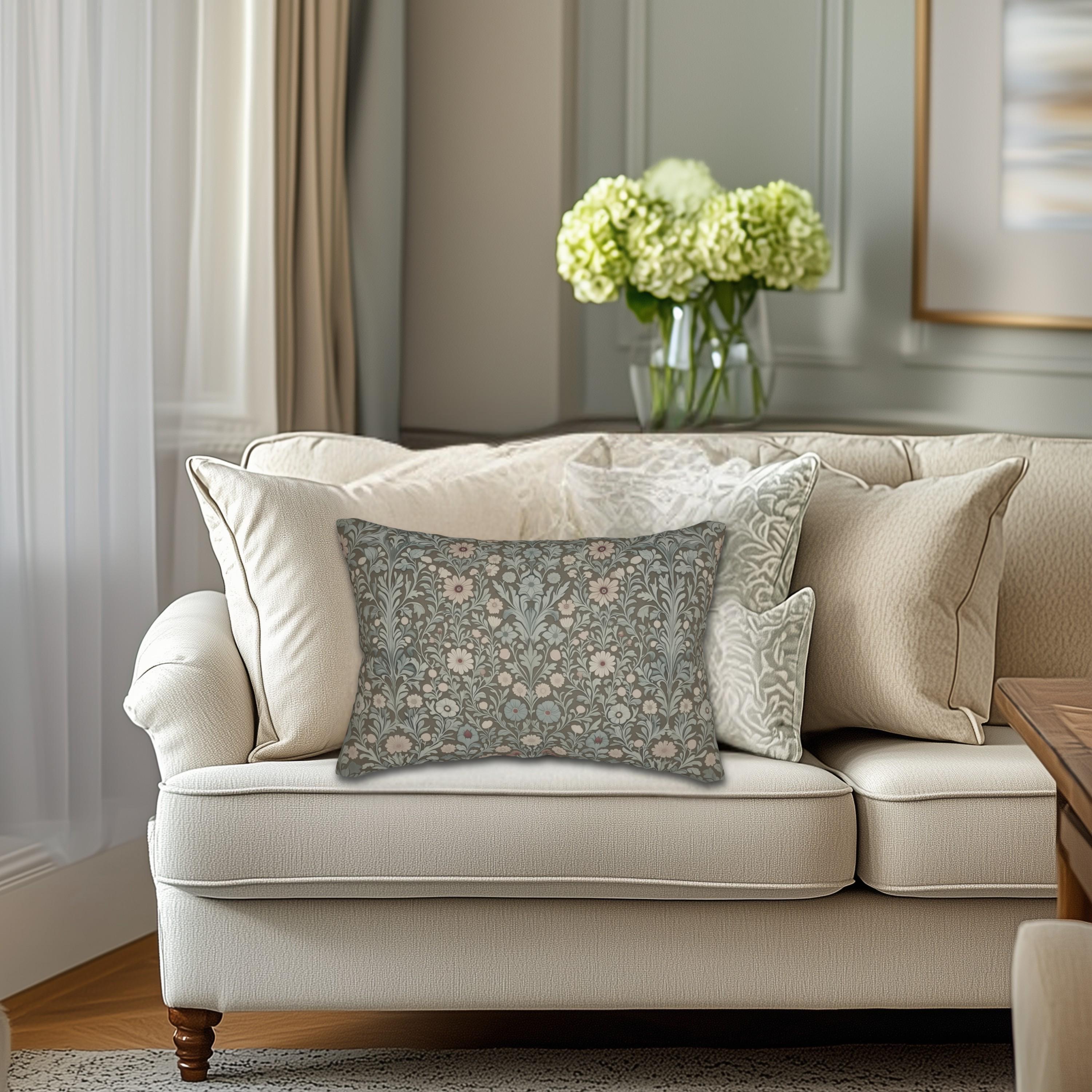 William Morris Inspired Botanical Lumbar Pillow: Soft Gray-Sage, Taupe, Blush Accent