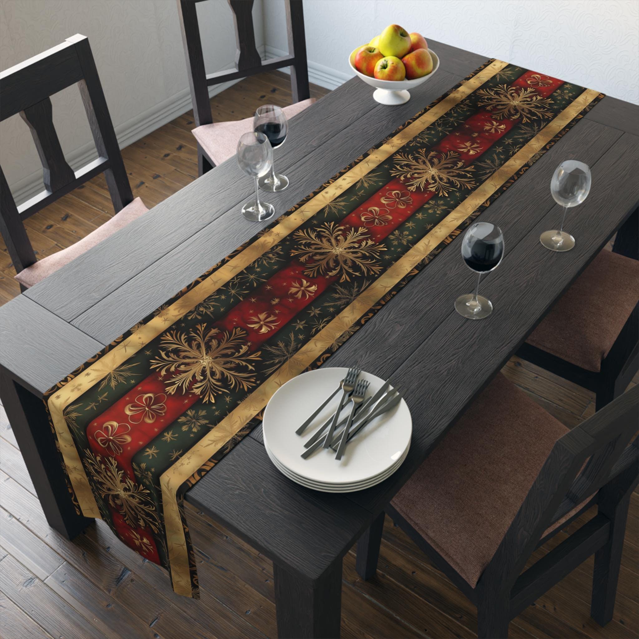Vintage-Inspired Christmas Table Runner: Red, Gold & Green Snowflake Design for Elegant Holiday Decor