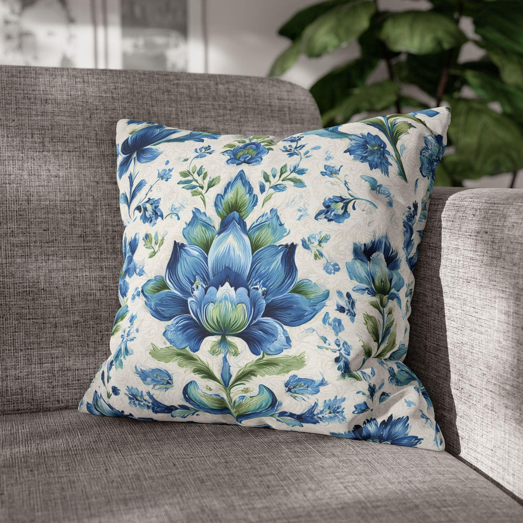 Jacobean Floral Pillow Cover: Blue-Green Botanical Cushion Cover with Modern Traditional Fusion Design