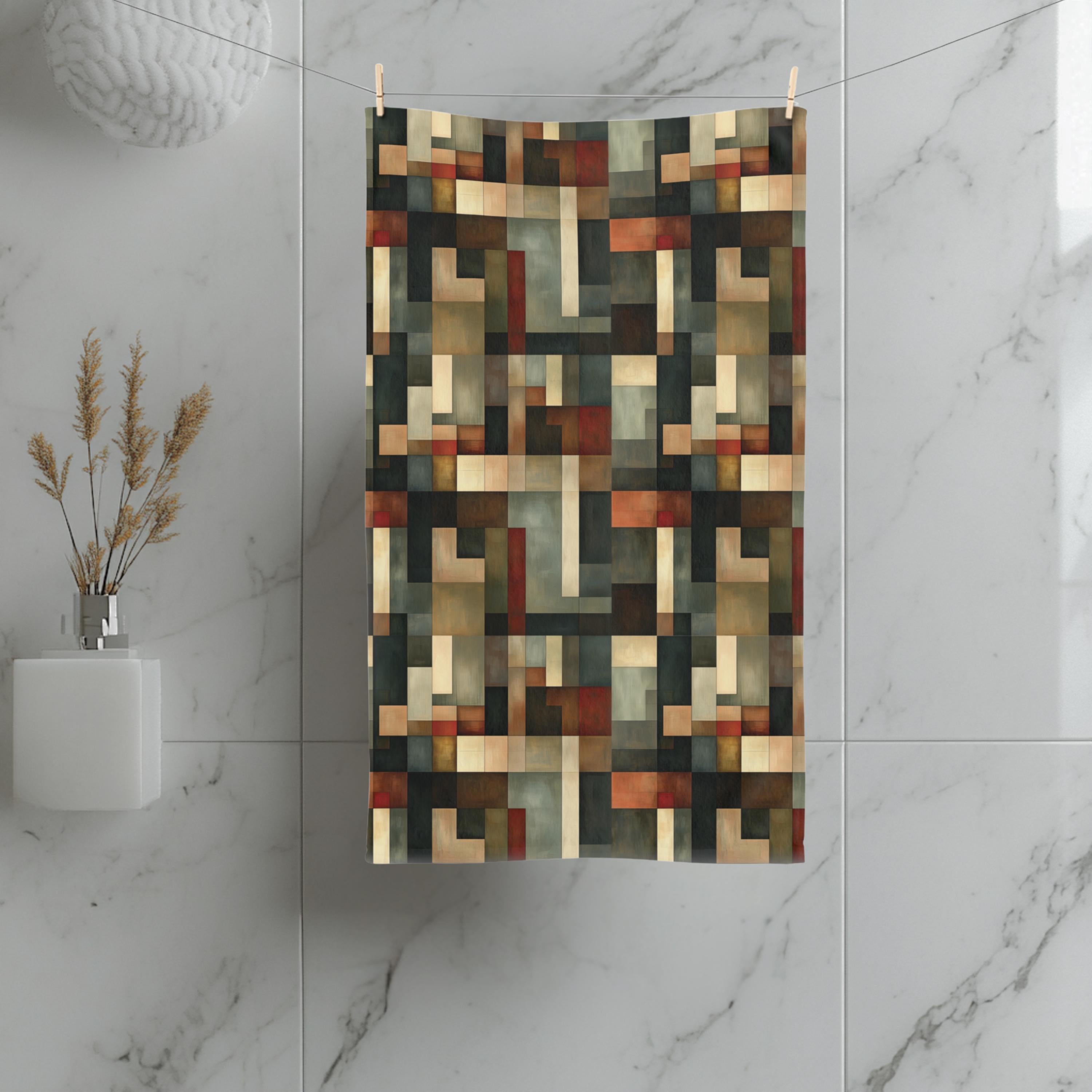 Abstract Geometric Hand Towel: Earthy Muted Palette (Kitchen or Bath)