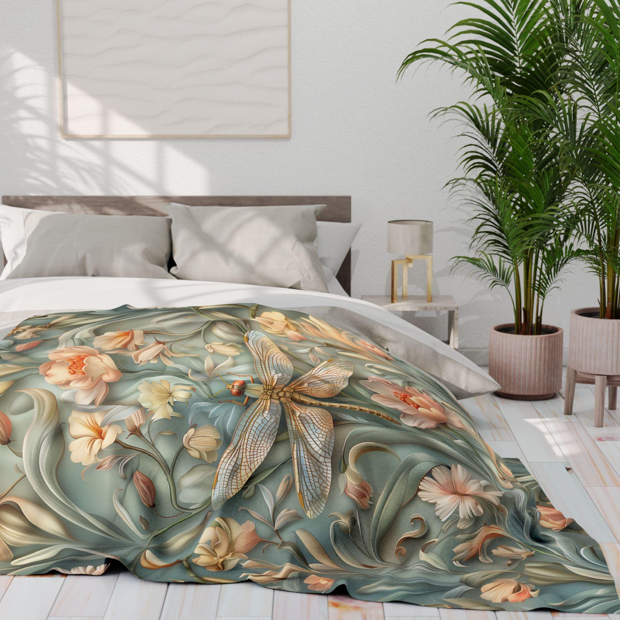 Luxurious William Morris Dragonfly Fleece Throw: Blue & Gold Wings, Pink Flowers, Elegant Nature Design