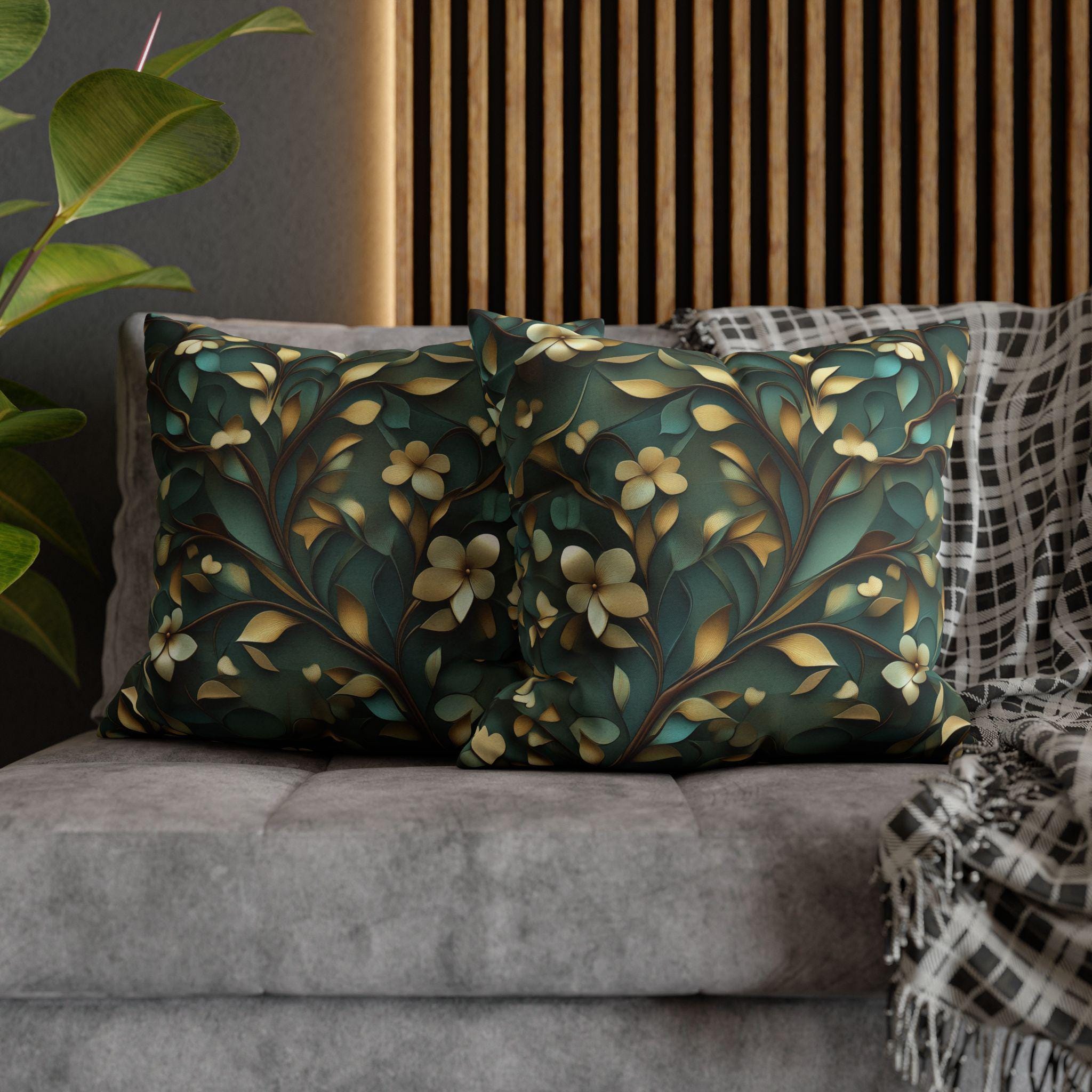 Luxurious William Morris Inspired Floral Pillowcase: Green & Gold Botanical Square Cushion Cover