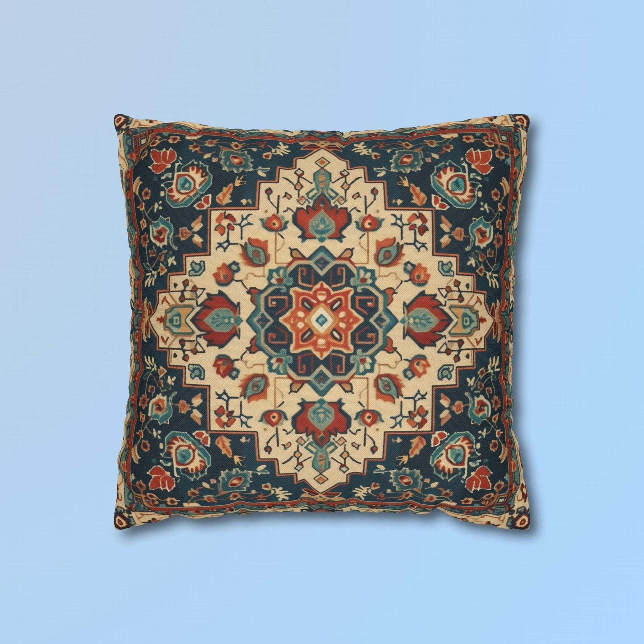 Turkish Rug-Inspired Throw Pillow Cover: Ornate Medallion Design with Rich Colors for Home Decor