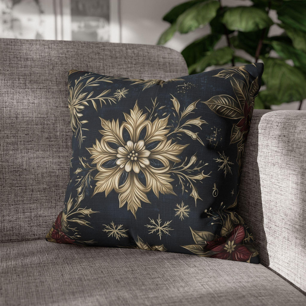 Sophisticated Holiday Pillow Cover | Golden Poinsettia and Snowflake Design | Denim Blue Background