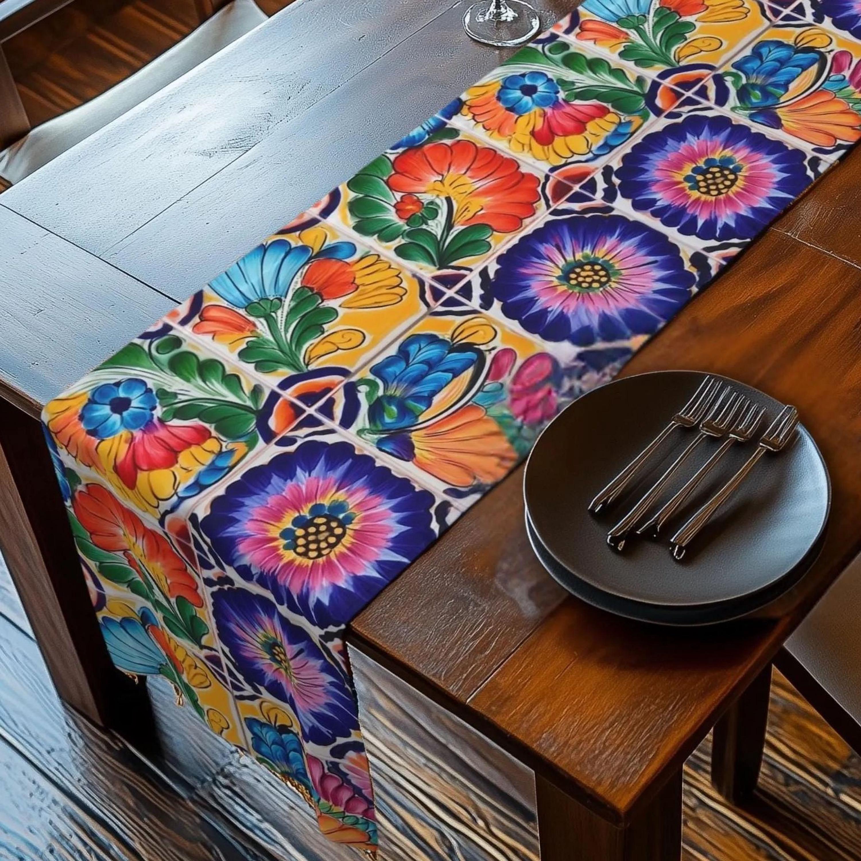 Mexican Table Runner: Colorful Floral Tile Pattern Celebrating the Artistry of Mexico
