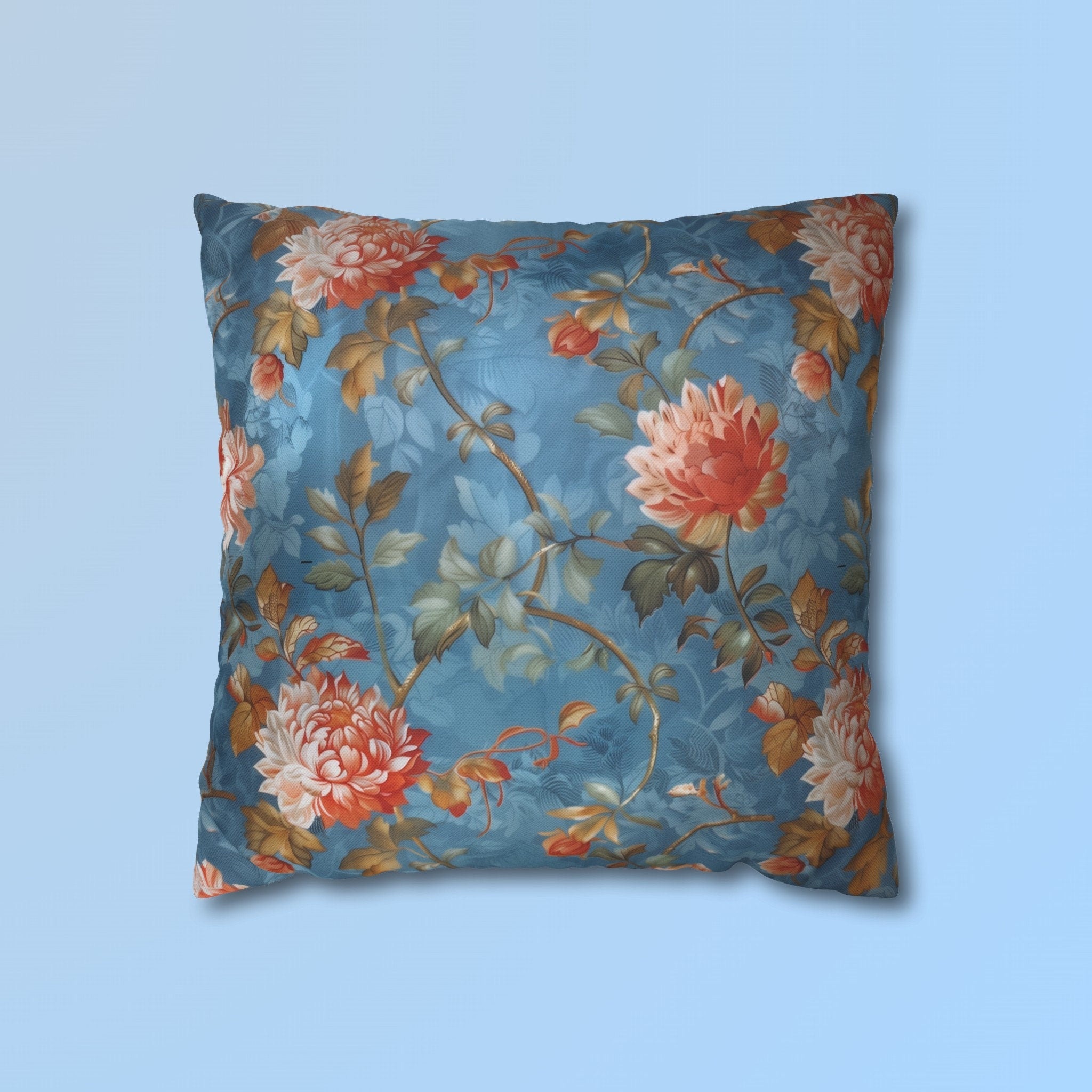 Chinoiserie Pillow Cover: Vintage Inspired Floral Peonies on Blue
