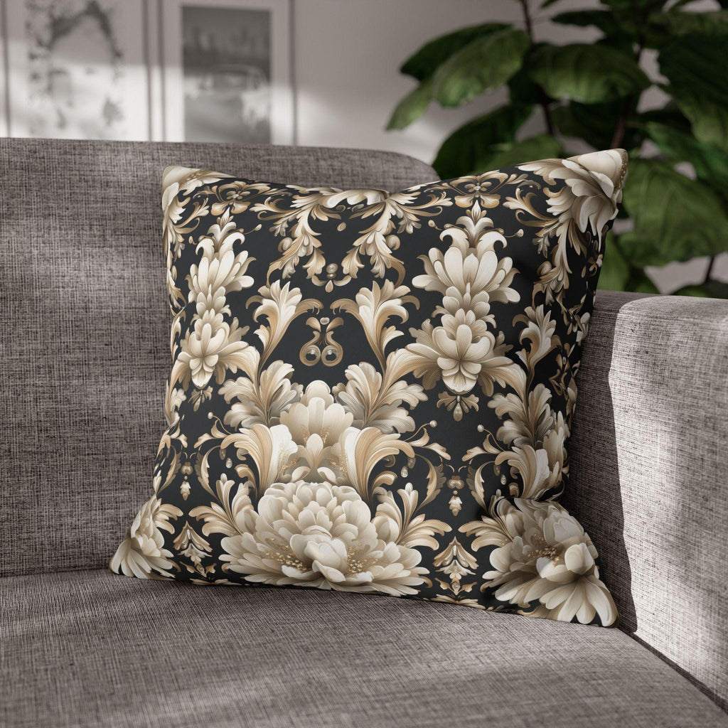 Floral Damask Pillow Cover, Ivory Champagne Gold on Black