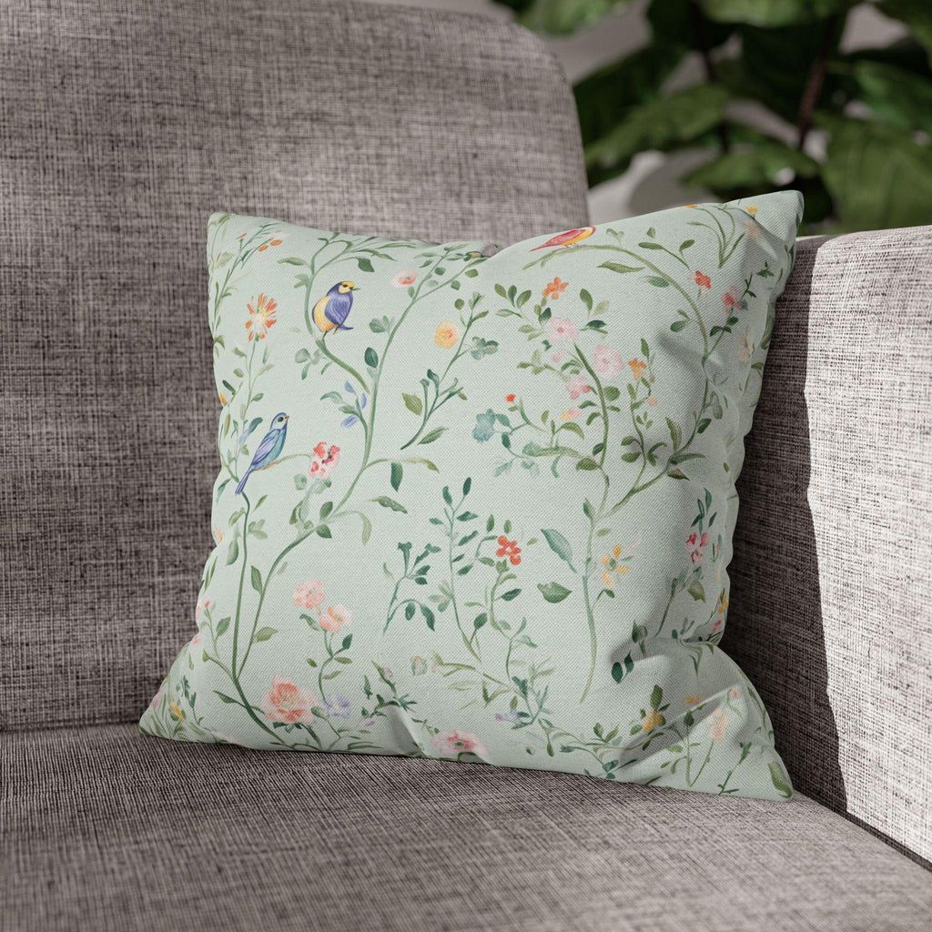Chinoiserie Bird Cushion Cover: Mint Green Floral Pillow for Whimsical Garden-Inspired Home Decor