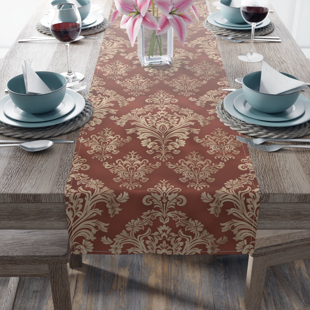 Red and Gold Damask Table Runner: Elegant Holiday Dining Decor