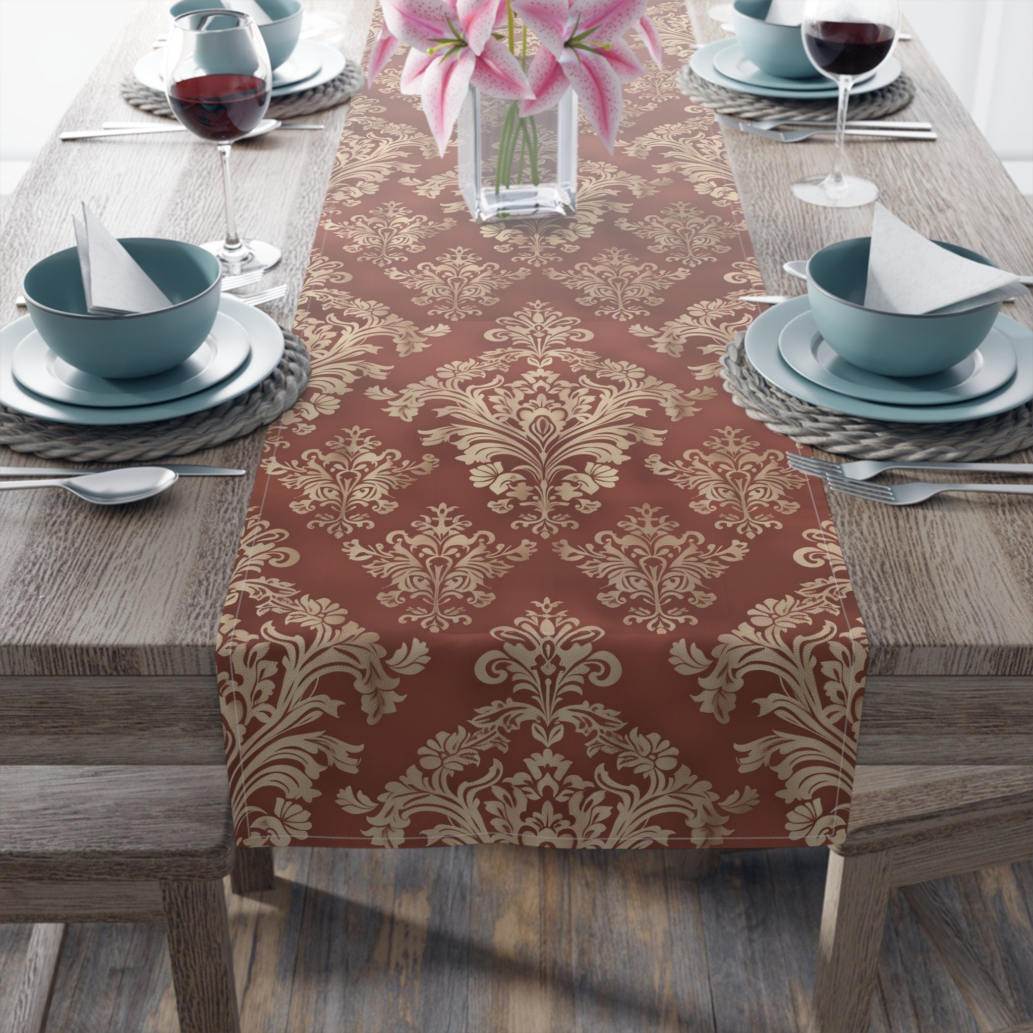 Red and Gold Damask Table Runner: Elegant Holiday Dining Decor