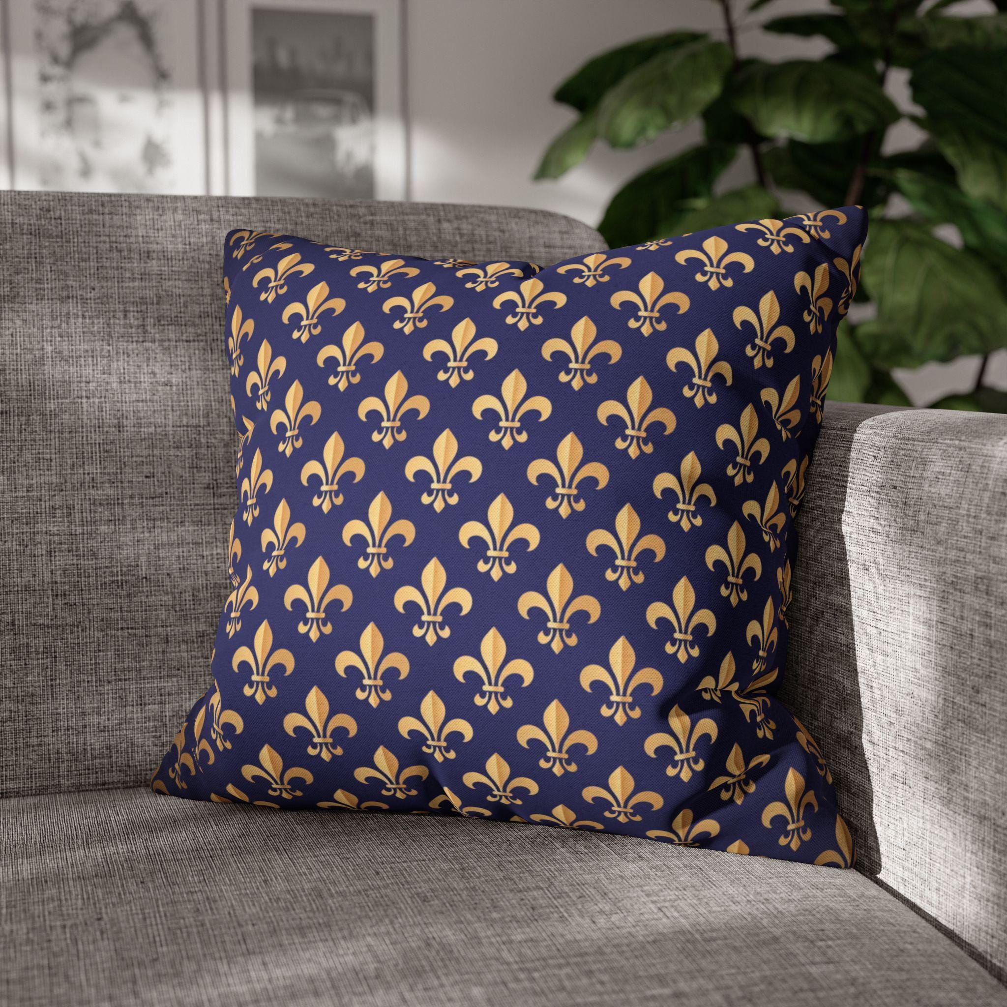 Gold and Royal Blue Fleur de Lys Pillow Cover: Classic French Heraldic Pattern