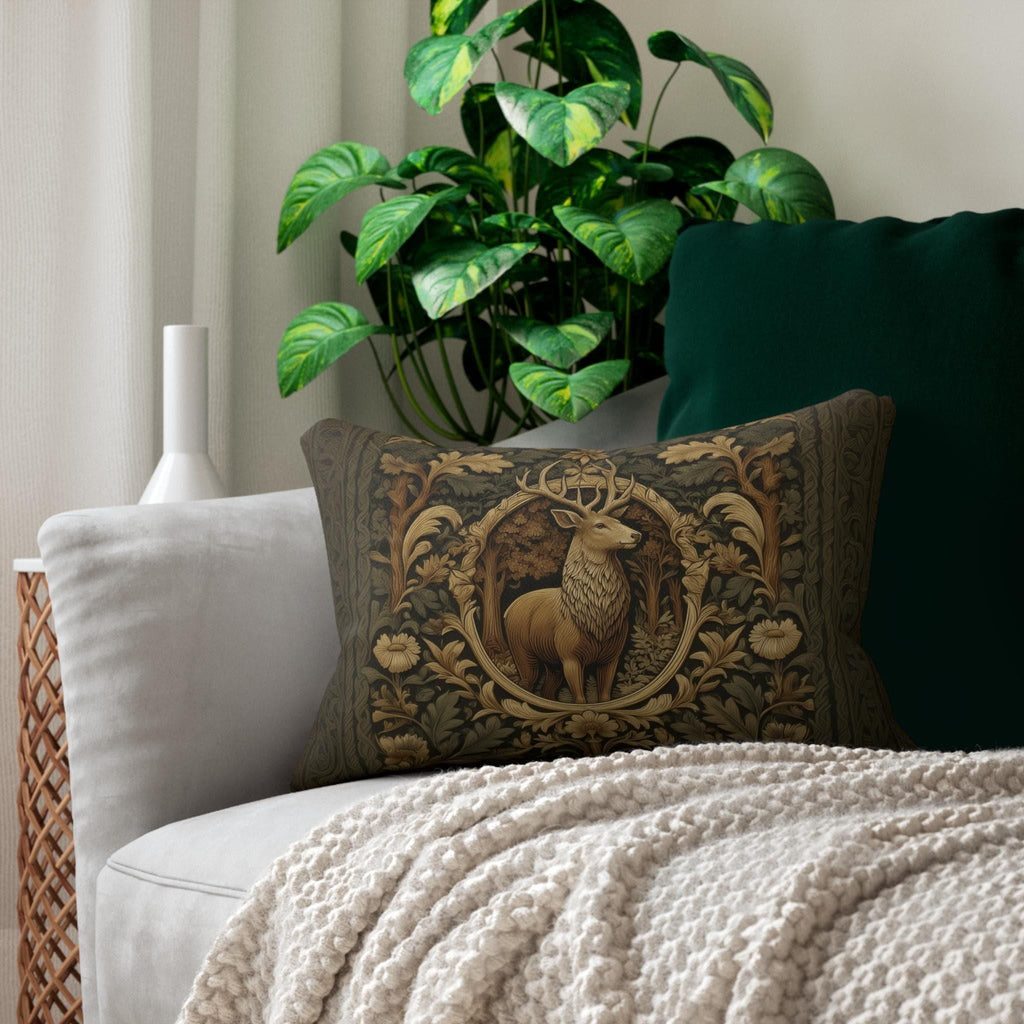 William Morris Inspired Noble Stag Lumbar Pillow: Botanical Woodland Design
