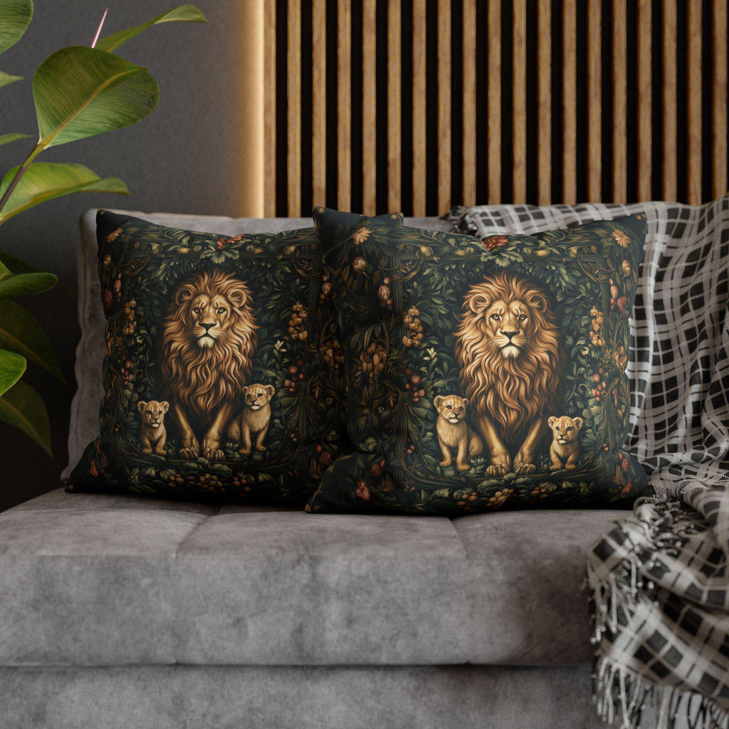 Regal Lion Pillow Cover: William Morris Inspired Botanical Cushion with Jungle Motif