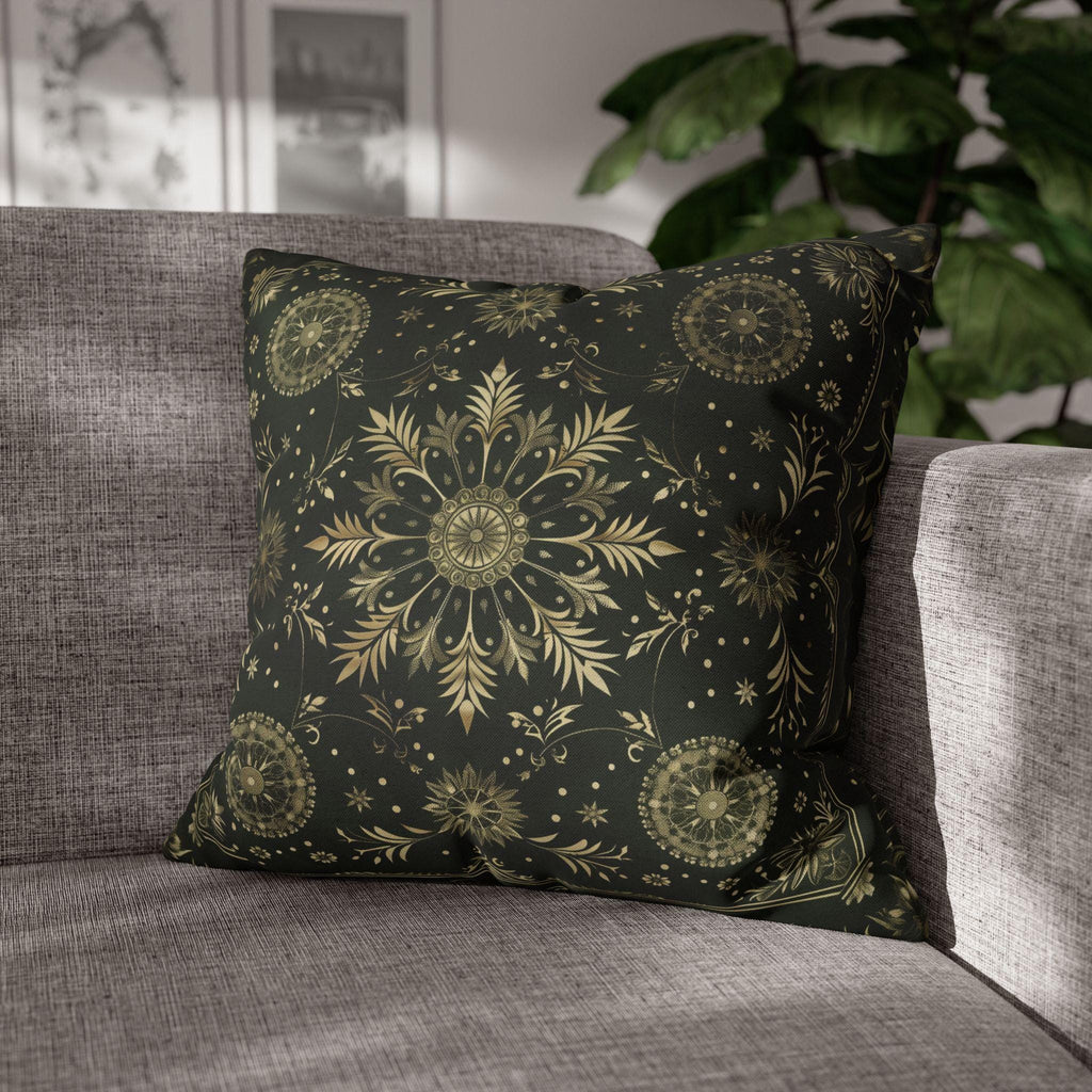 Elegant Dark Emerald Green Christmas Pillow Cover with Golden Snowflakes: Luxurious Holiday Decor