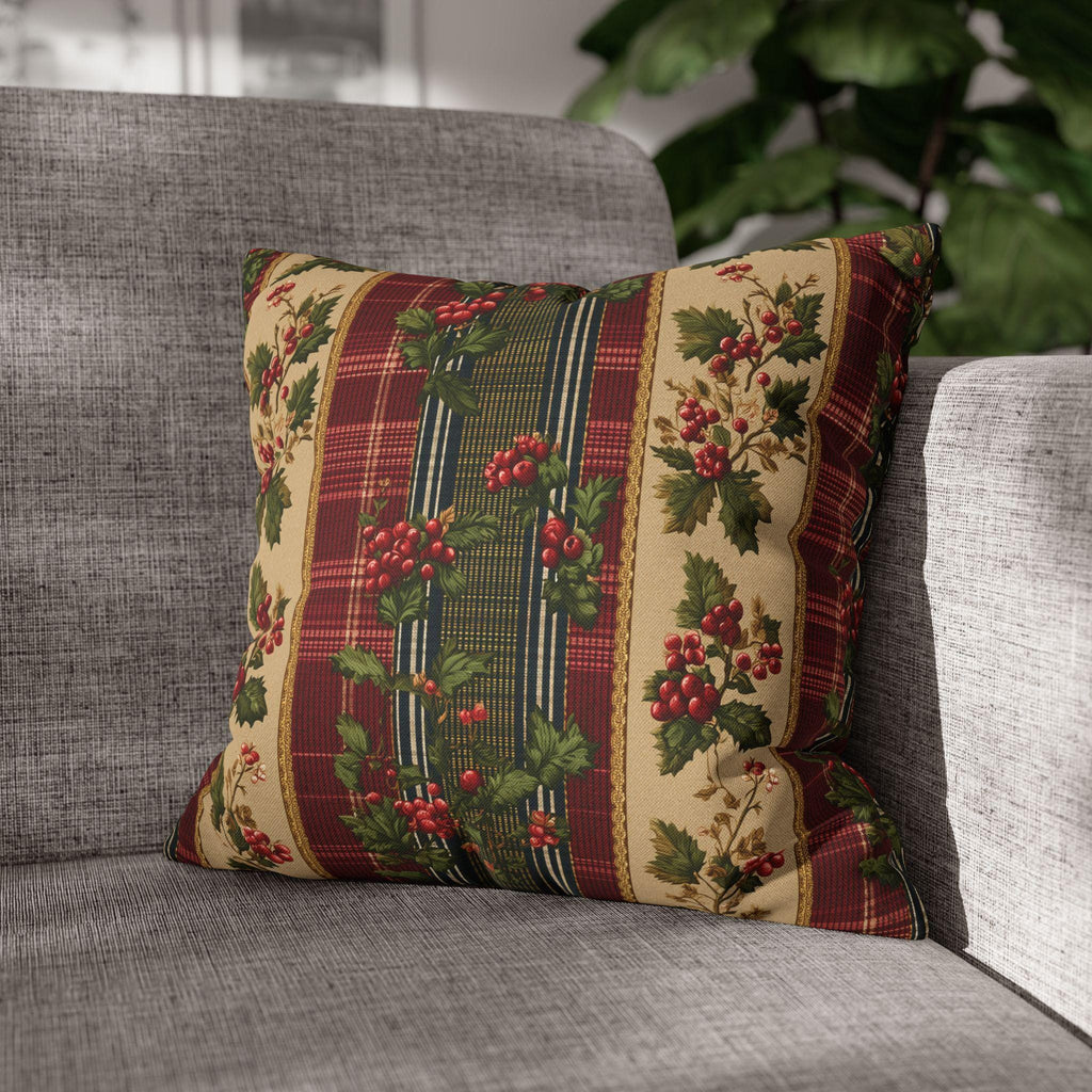 Christmas Pillow Cover: Classic Vintage Style Holly & Tartan Plaid in Red Green and Cream