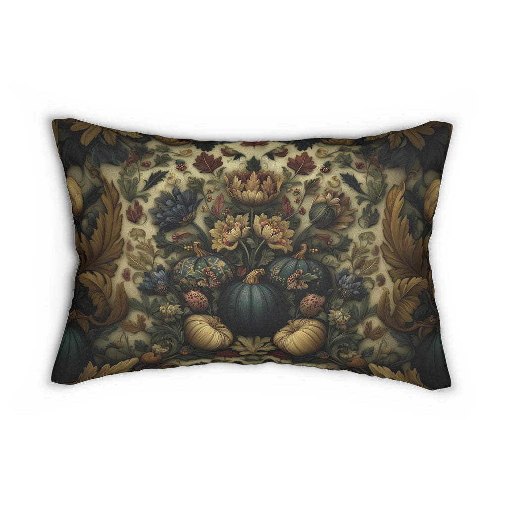 William Morris Inspired Autumn Lumbar Pillow: Blue Gold & Ivory Botanical Harvest Design