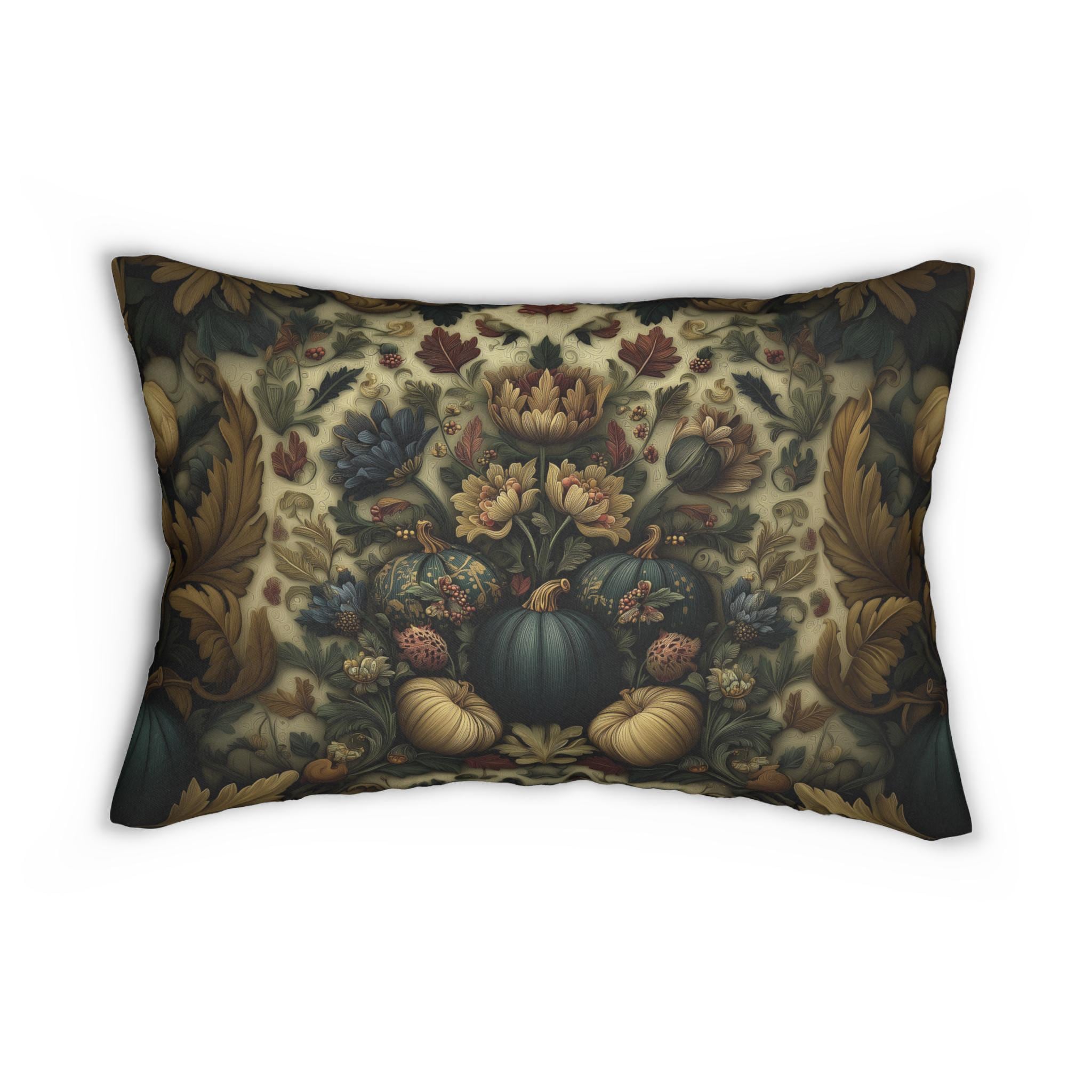 William Morris Inspired Autumn Lumbar Pillow: Blue Gold & Ivory Botanical Harvest Design