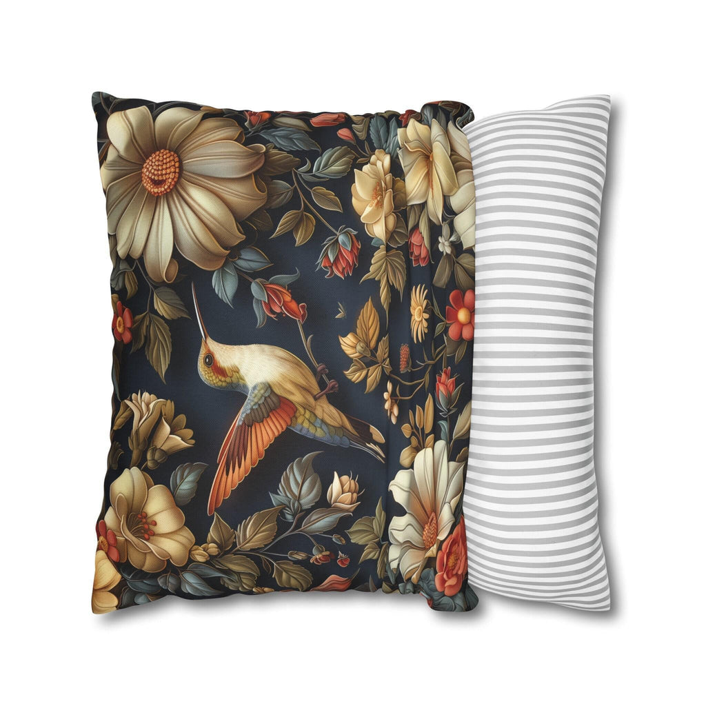 Elegant William Morris Inspired Hummingbird Floral Pillow Cover - Navy Background Art Lover Gift
