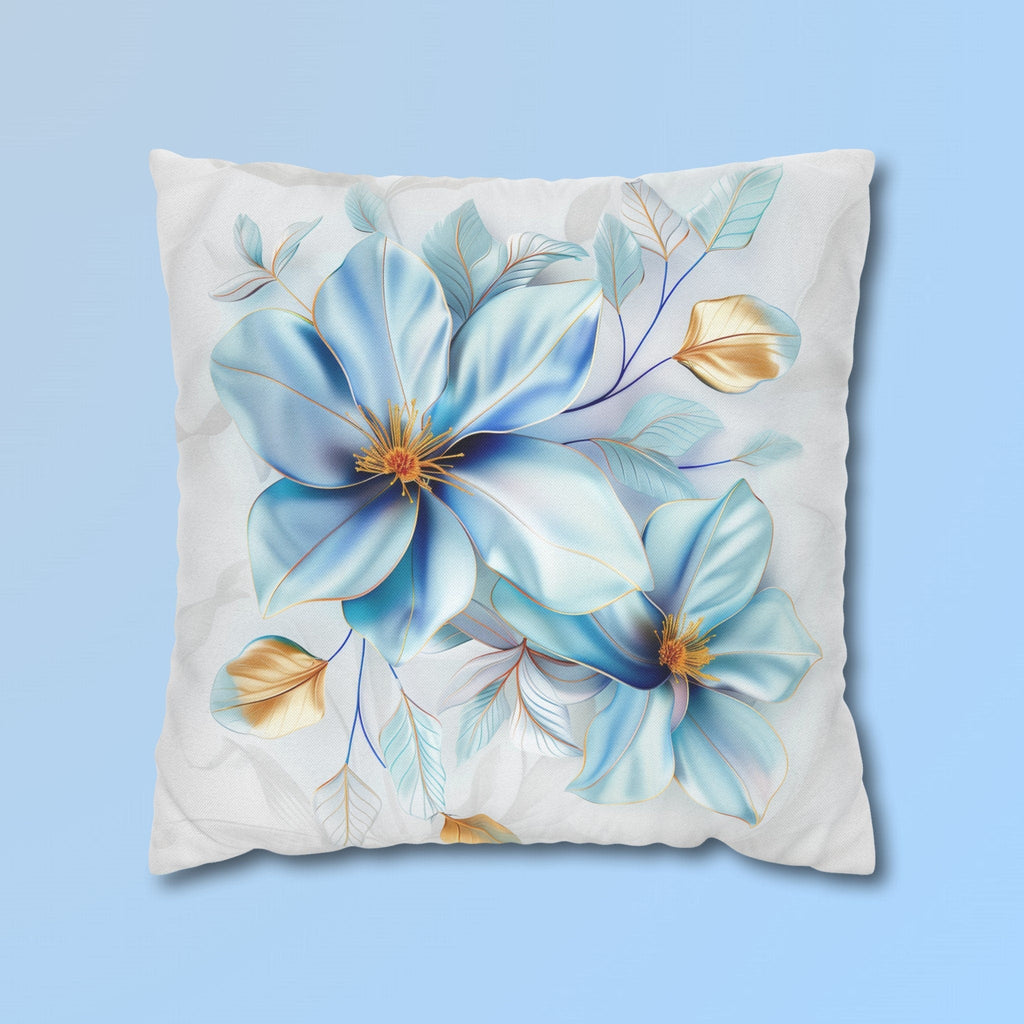Blue Magnolia Pillow Cover with Golden Accents: Elegant Floral Cushion Case