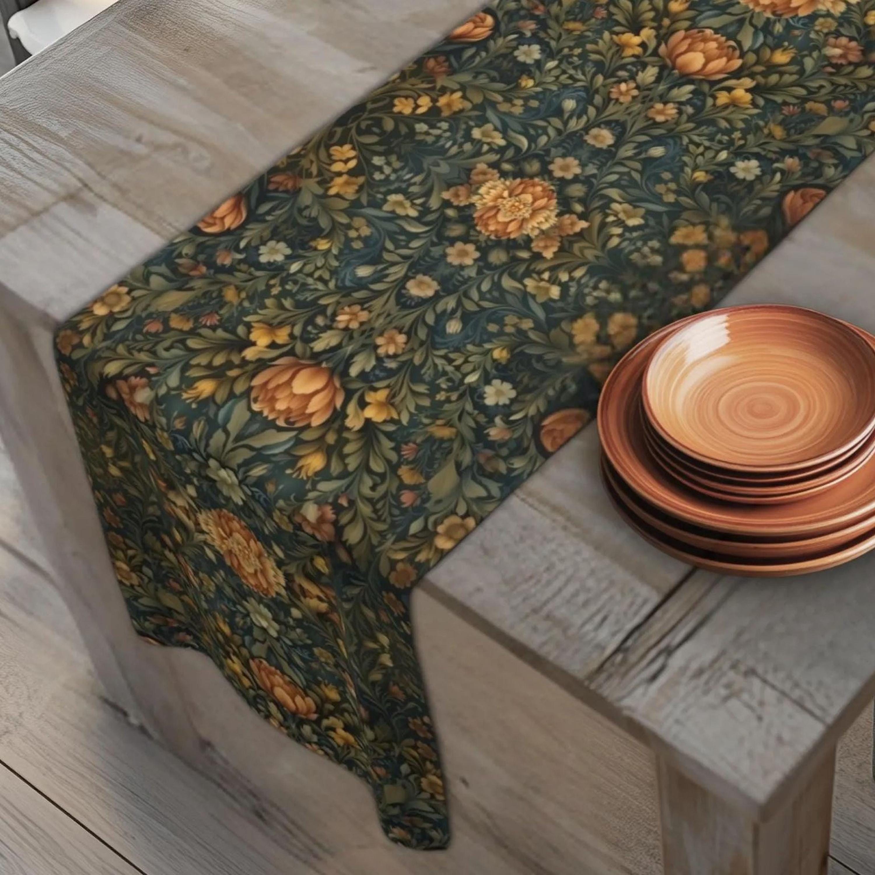 William Morris Botanical Table Runner: Golden Ochre Floral Tapestry