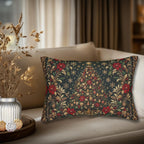 William Morris Christmas Lumbar Pillow: Vintage Style Emerald Green Poinsettia, Golden Snowflake