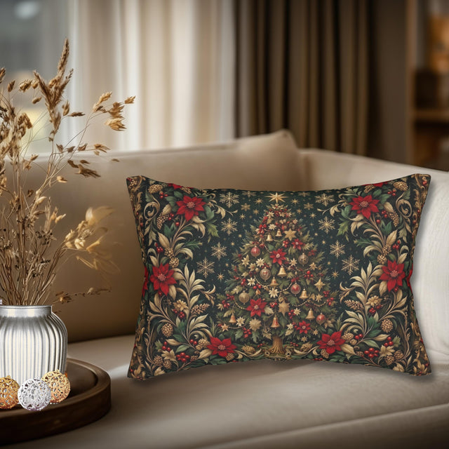 William Morris Christmas Lumbar Pillow: Vintage Style Emerald Green Poinsettia, Golden Snowflake