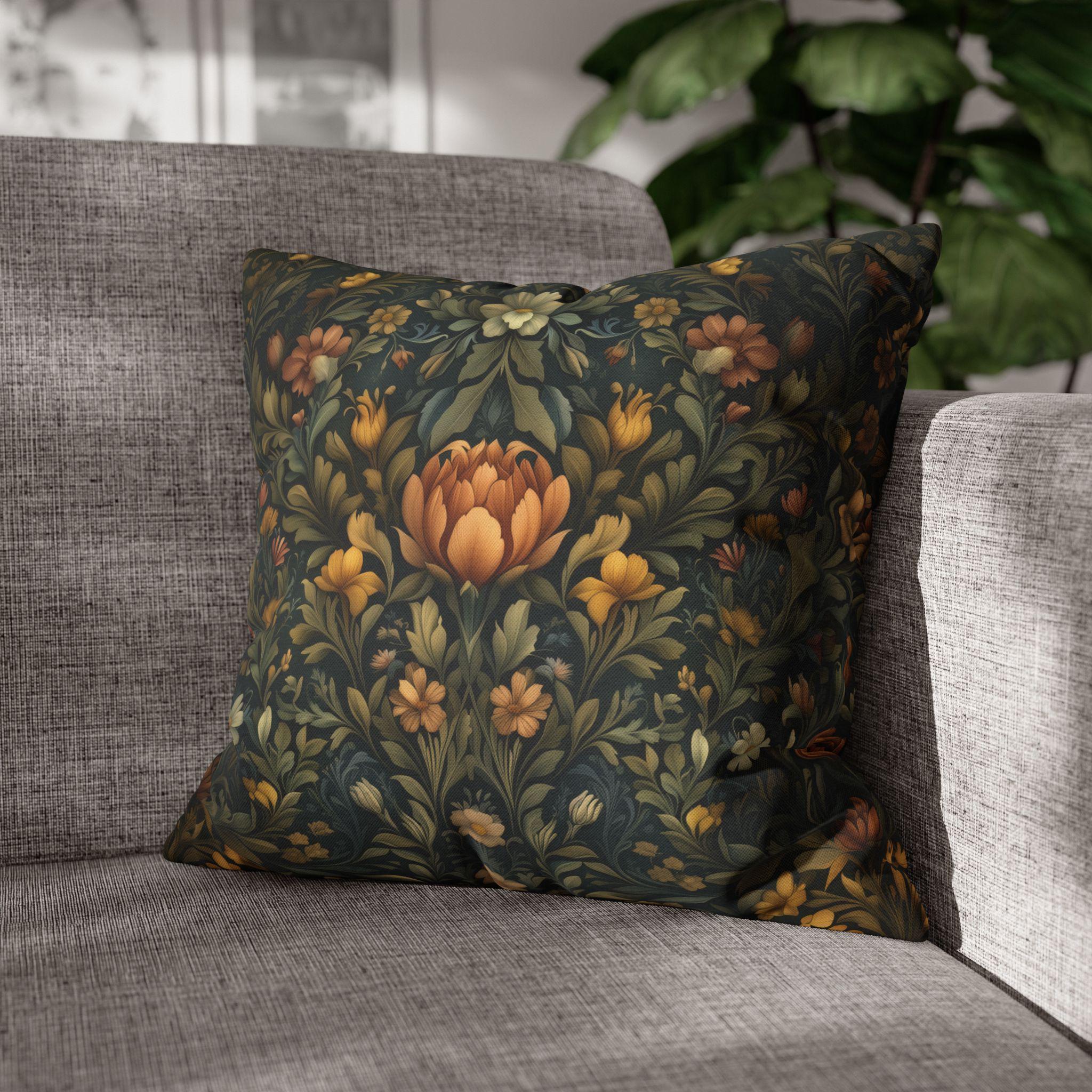 William Morris Botanical Square Pillow Cover: Golden Ochre Floral Tapestry