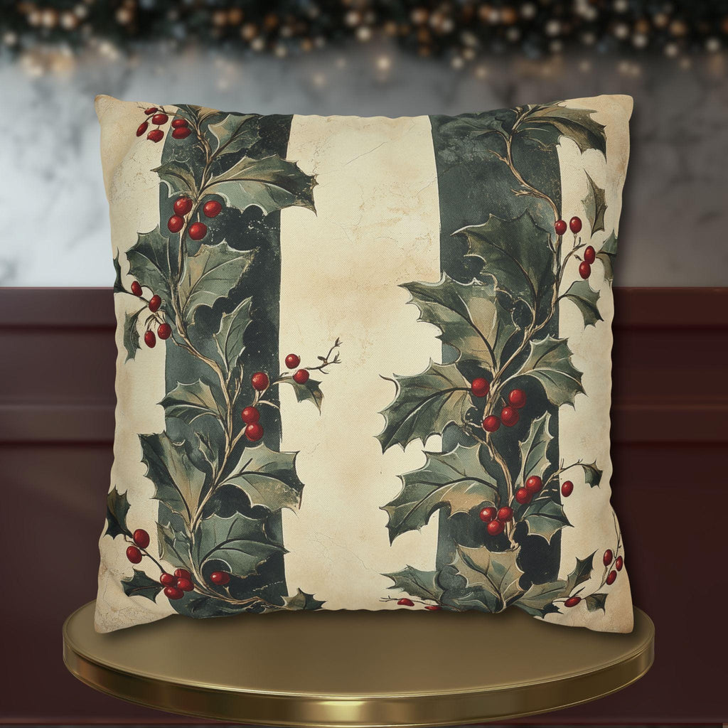 Holly & Stripes Pillow Cover: Vintage Style Christmas Botanical Holiday Accent