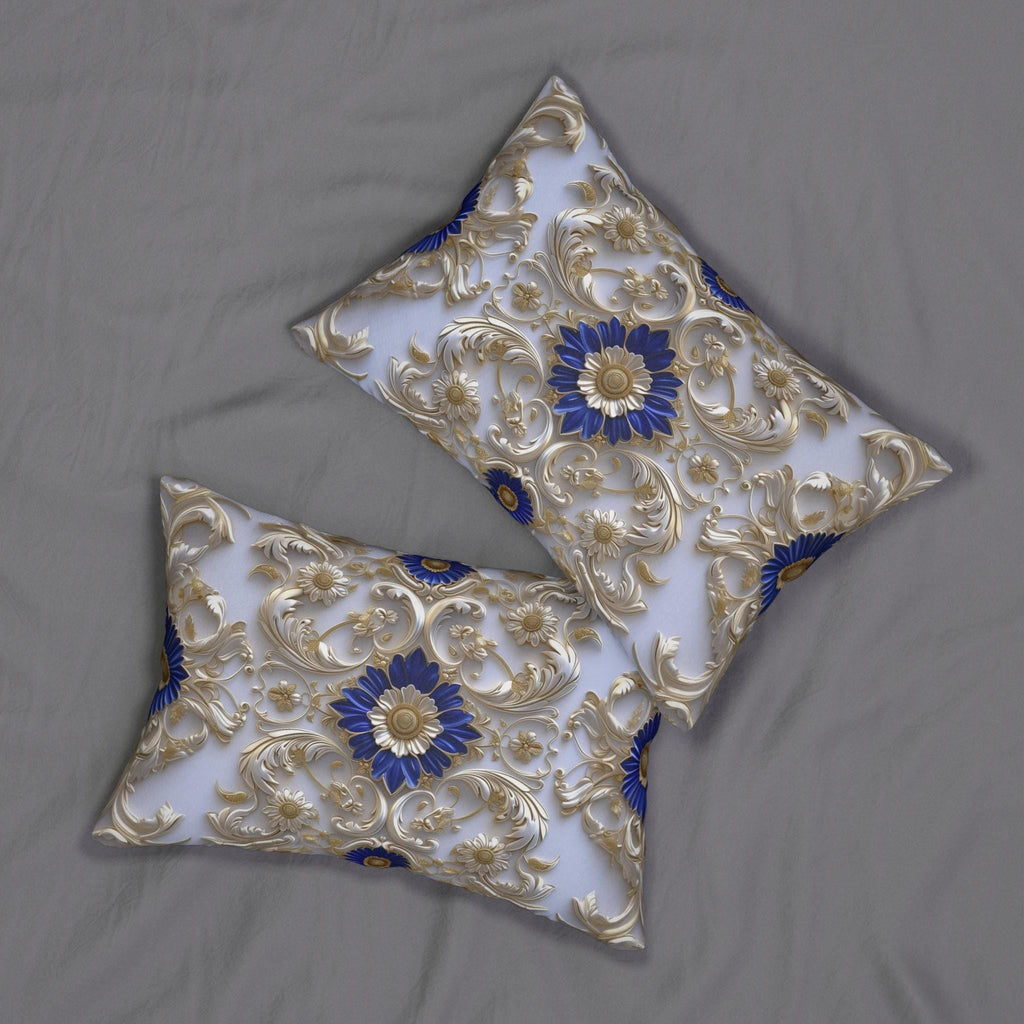 Elegant Baroque Cobalt Blue Lumbar Pillow with Silver-Gray and Gold Accents - Classic Grandeur Design