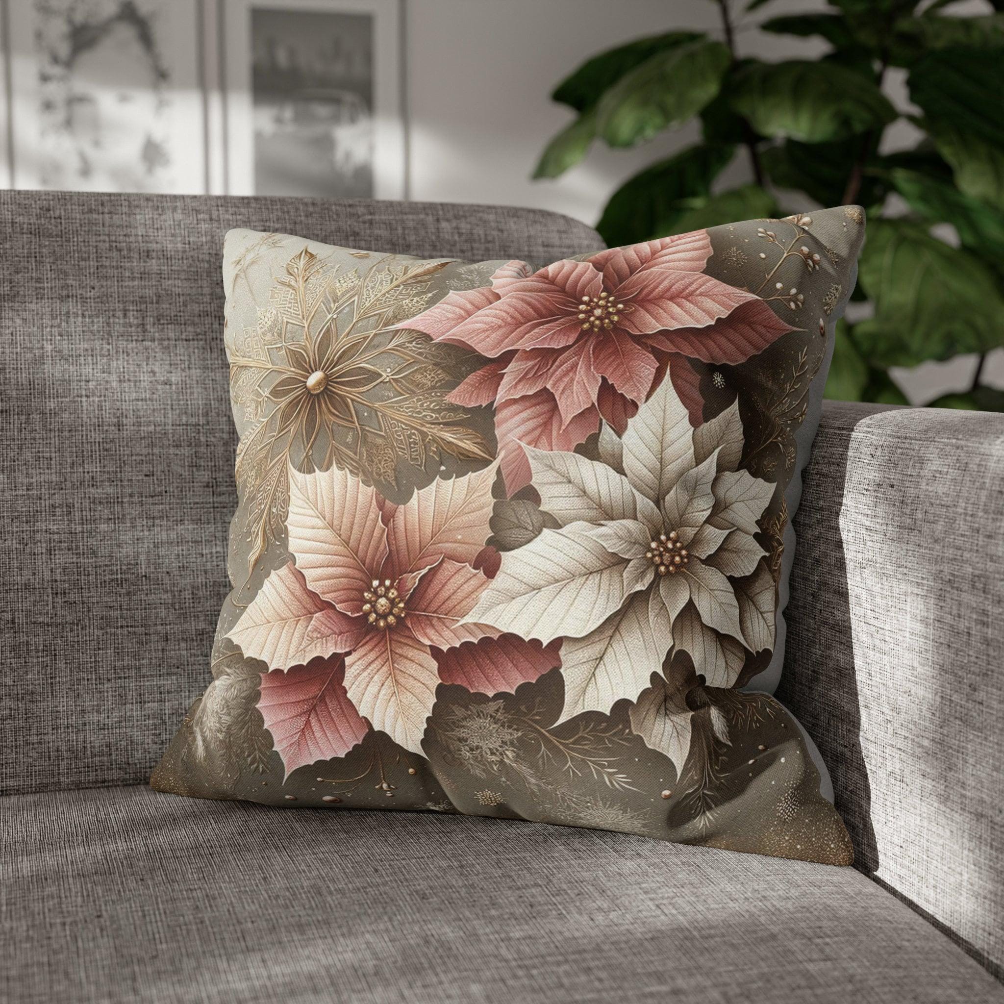Holiday Pillow Cover, Pale Gold Snowflakes & Pink Poinsettias (Multiple Sizes)