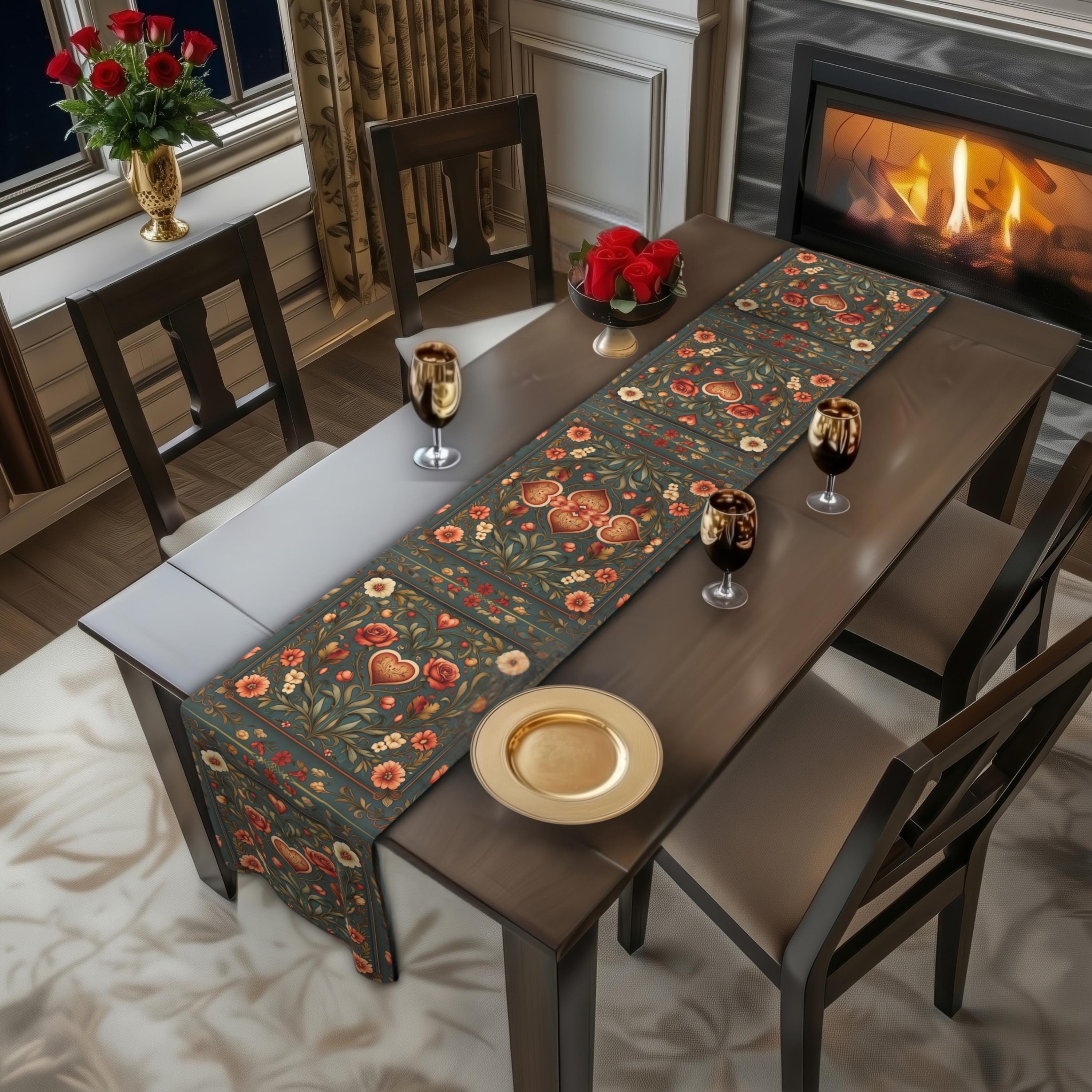 William Morris Inspired Hearts & Flowers Table Runner: Romantic Botanical Valentine's Day Decor