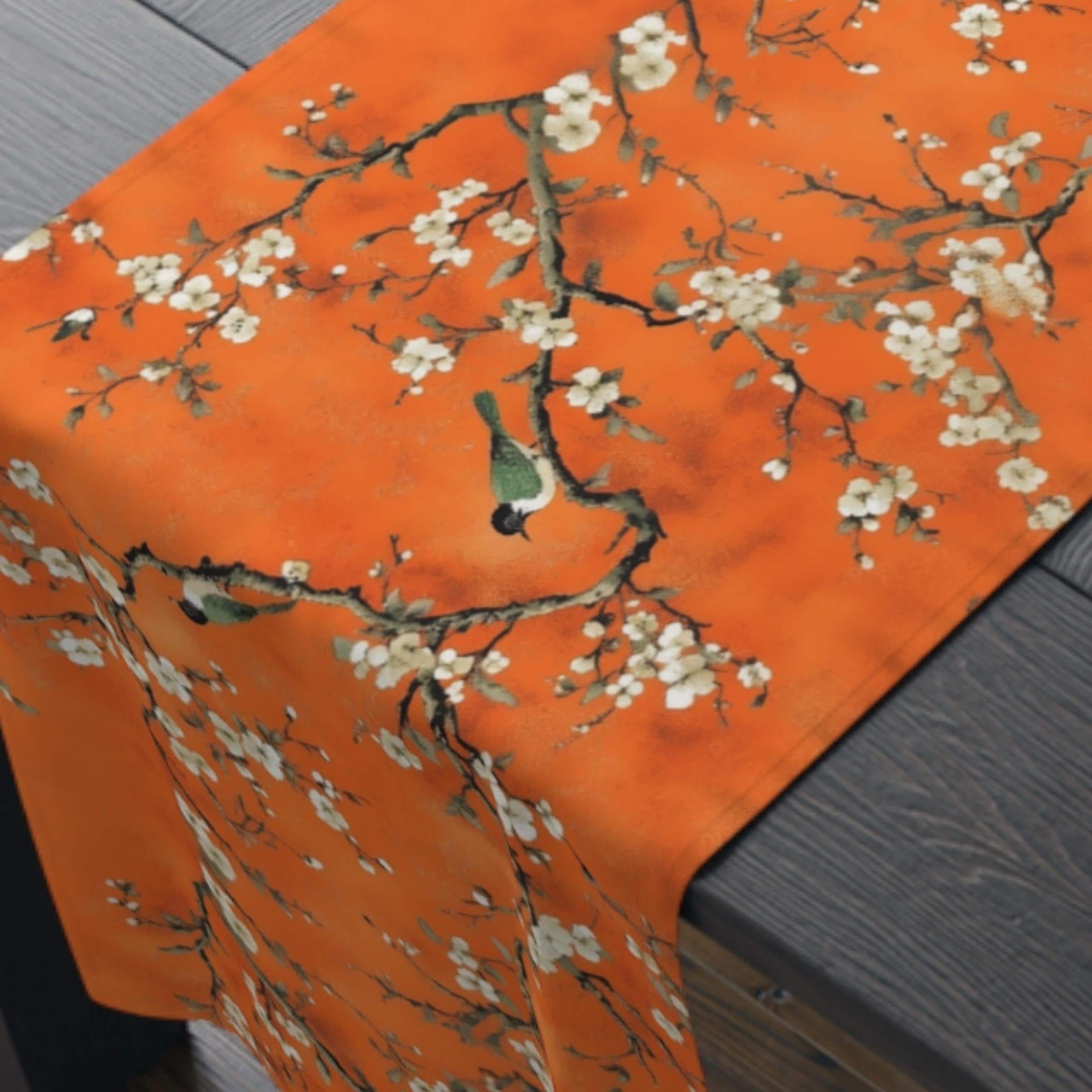 Chinoiserie Table Runner:  Burnt Orange with White Blossoms and Birds for Asian-Inspired Decor
