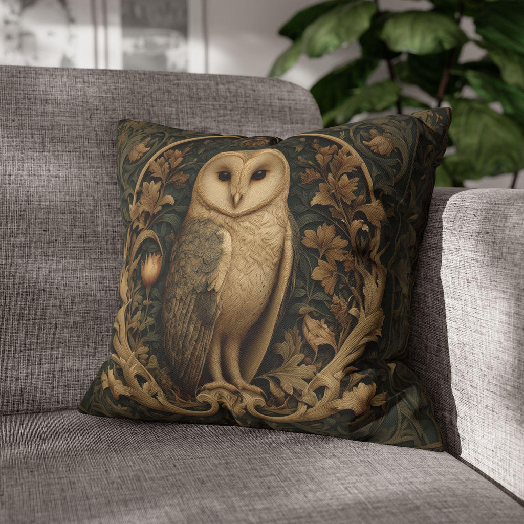 William Morris Style Pillow Cover: Woodland Owl in Moss Green & Antique Gold