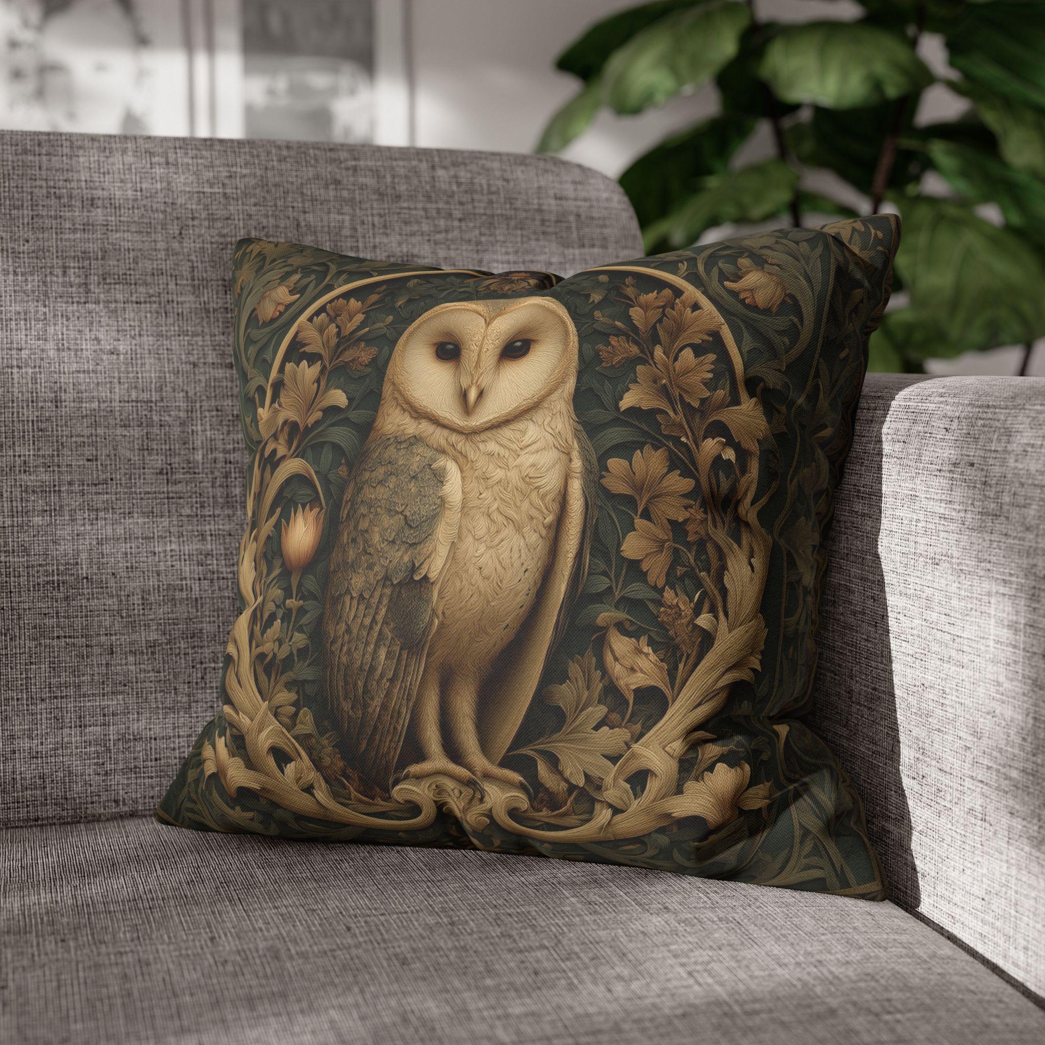 William Morris Style Pillow Cover: Woodland Owl in Moss Green & Antique Gold