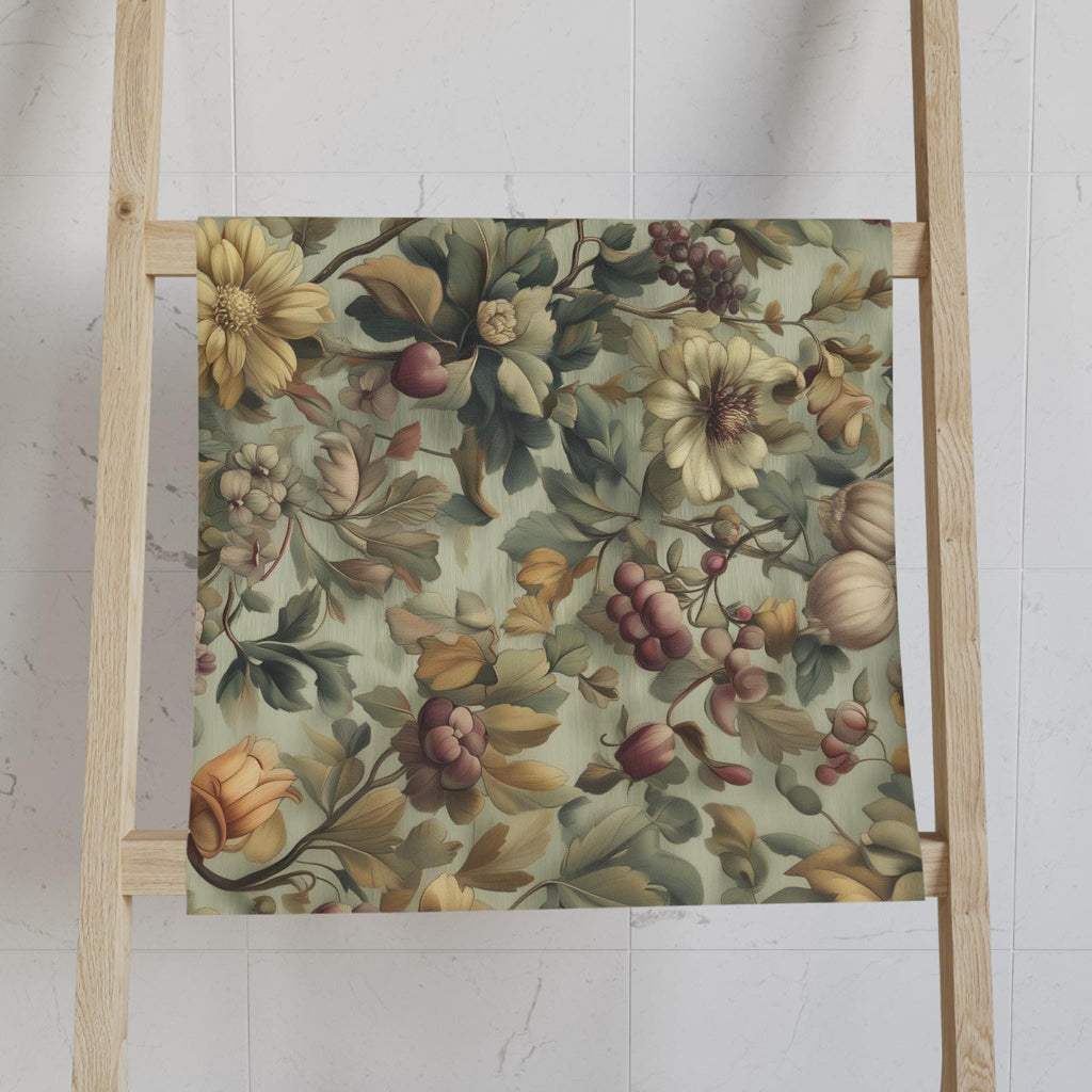 William Morris Inspired Fall Botanical Hand Towel: Sage Mint, Wine, Wheat