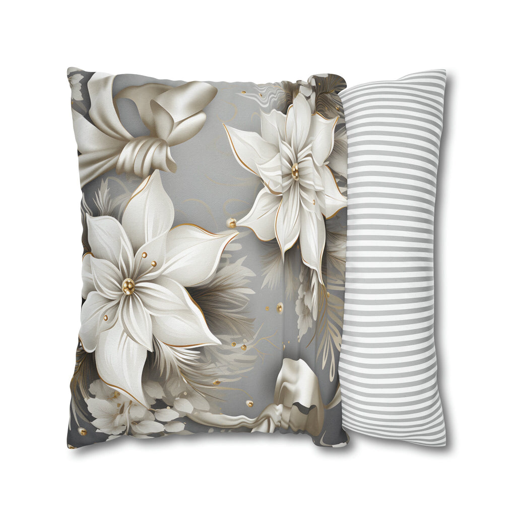 Elegant White Poinsettia Silver Ribbon Pillow Cover: Luxurious Holiday Decor for Couch