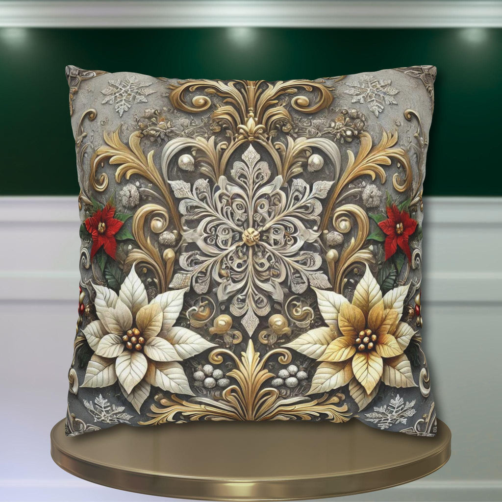 Luxurious Baroque Inspired Holiday Pillow Cover, Silver and Gold Snowflake Christmas Decor