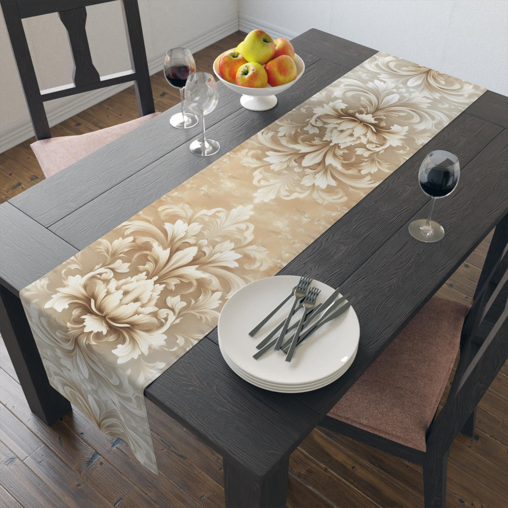 Elegant Damask Floral Table Runner: Ivory-Beige-Caramel Gradient, Luxury Home Decor Accent