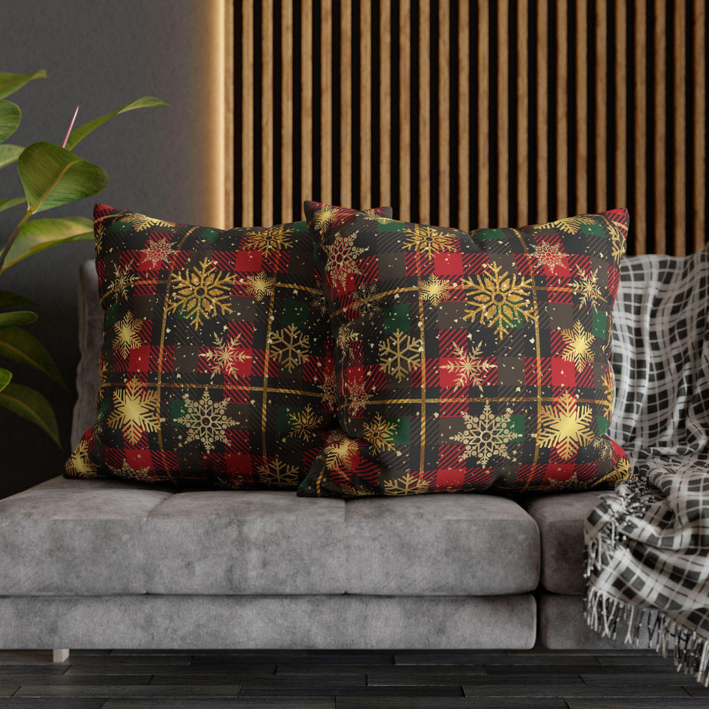 Christmas Plaid Pillow Cover, Gold Snowflakes, Festive Home Decor
