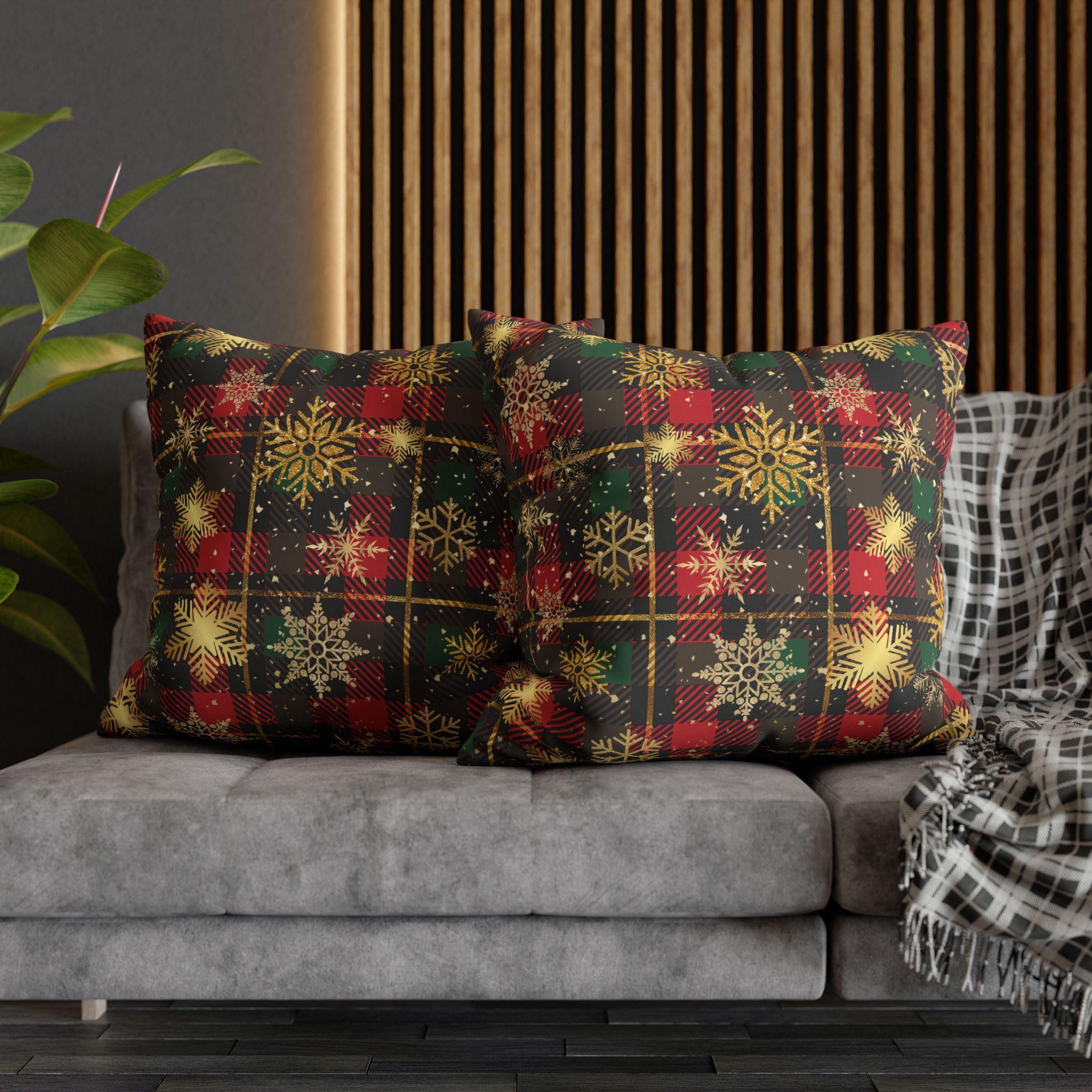 Christmas Plaid Pillow Cover, Gold Snowflakes, Festive Home Decor