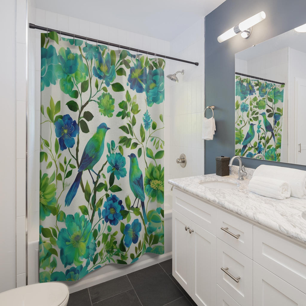 Elegant Chinoiserie Shower Curtain: Blue-Green Birds & Blossoms for Nature-Inspired Bath Decor