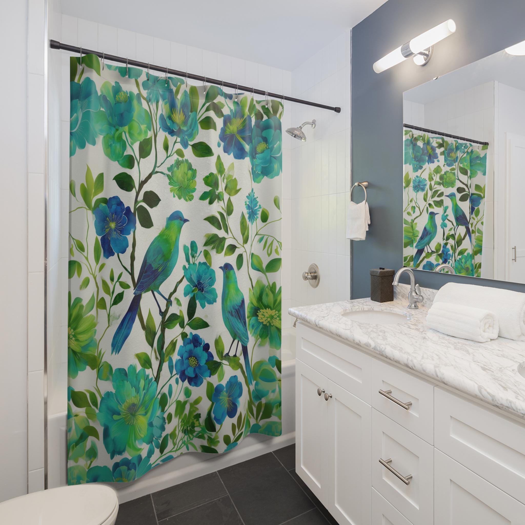 Elegant Chinoiserie Shower Curtain: Blue-Green Birds & Blossoms for Nature-Inspired Bath Decor