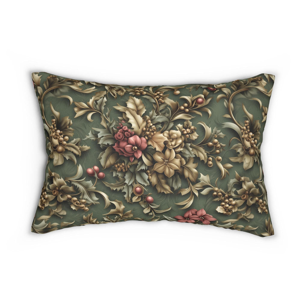 William Morris Inspired Holly & Poinsettia Christmas Lumbar Pillow: Deep Pine Sage, Brassy  Gold, Cranberry