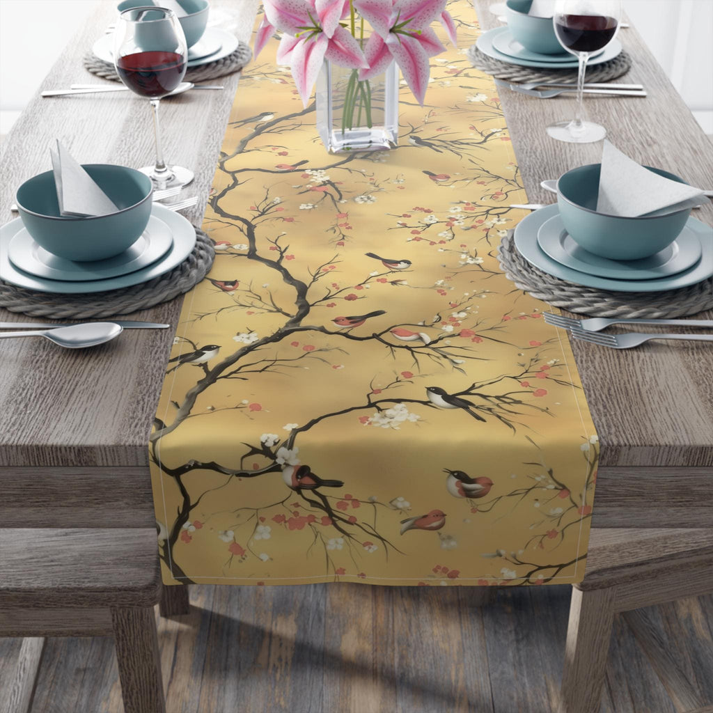 Chinoiserie Table Runner: Gold, Red Blossoms & Birds - Asian Decor