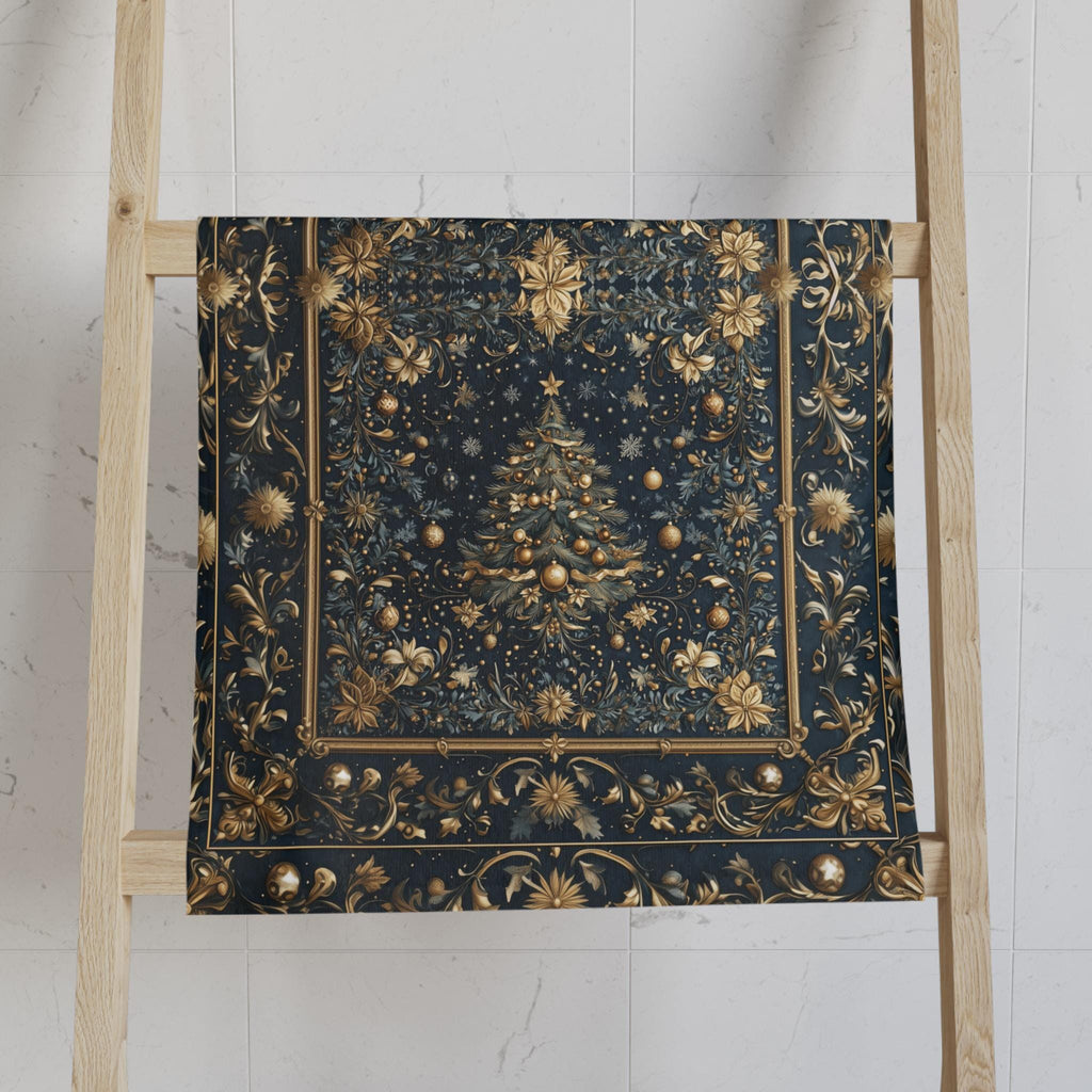 William Morris Inspired Christmas Tree Tea Towel: Gold & Navy Holiday Hand Towel