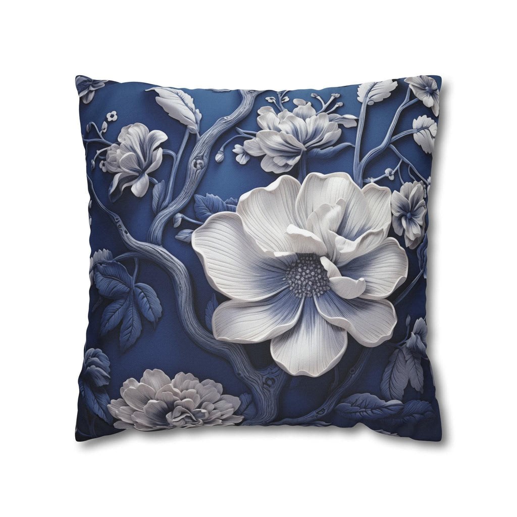 Porcelain-Style Blue Pillow Cover | Large White Blossoms Design | Chinoiserie Elegance for Home Decor