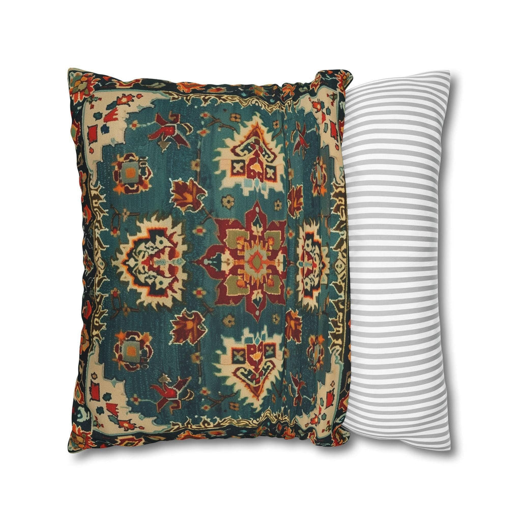 Turkish Rug-Inspired Throw Pillow Cover: Deep Teal & Warm Red Medallion Pattern Square Cushion